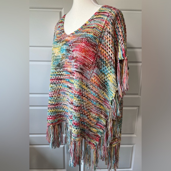 Vintage Havana Colorful Crochet Fringe Tunic Top Bohemian Beach Cover Up OS - Picture 3 of 8